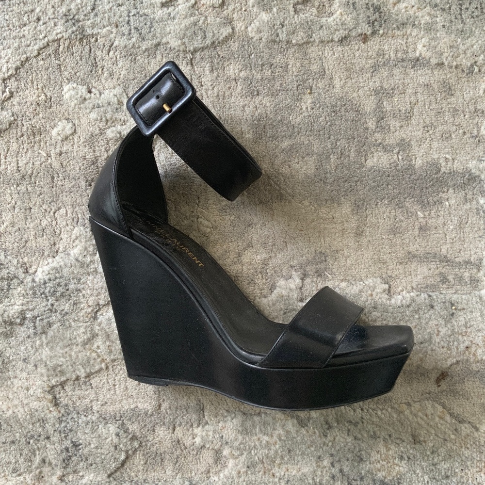 SAINT LAURENT, WEDGE ANKLE STRAP SANDALS